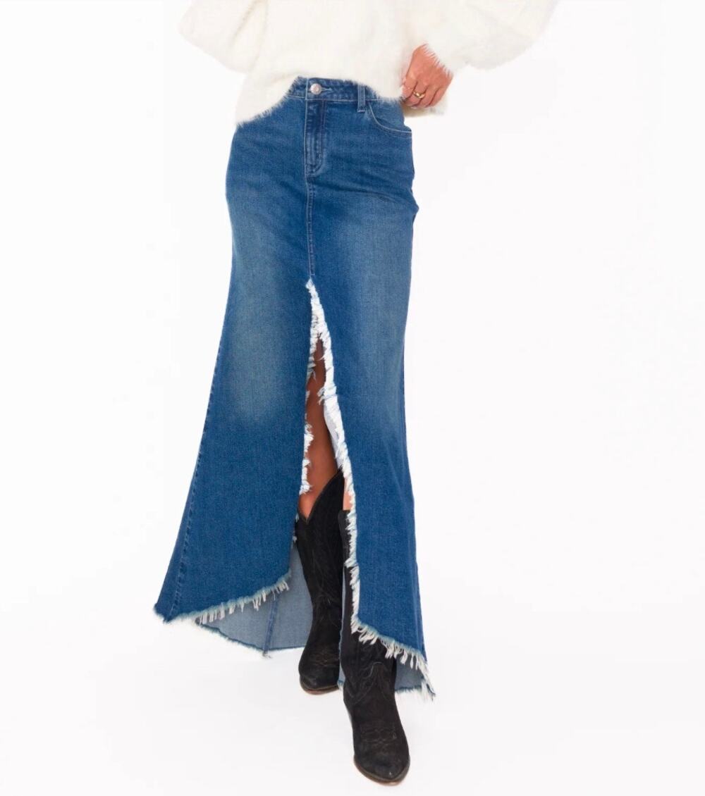 Show Me Your Mumu Open Seas Reba Frayed Denim Front Slit Maxi Skirt Size 26